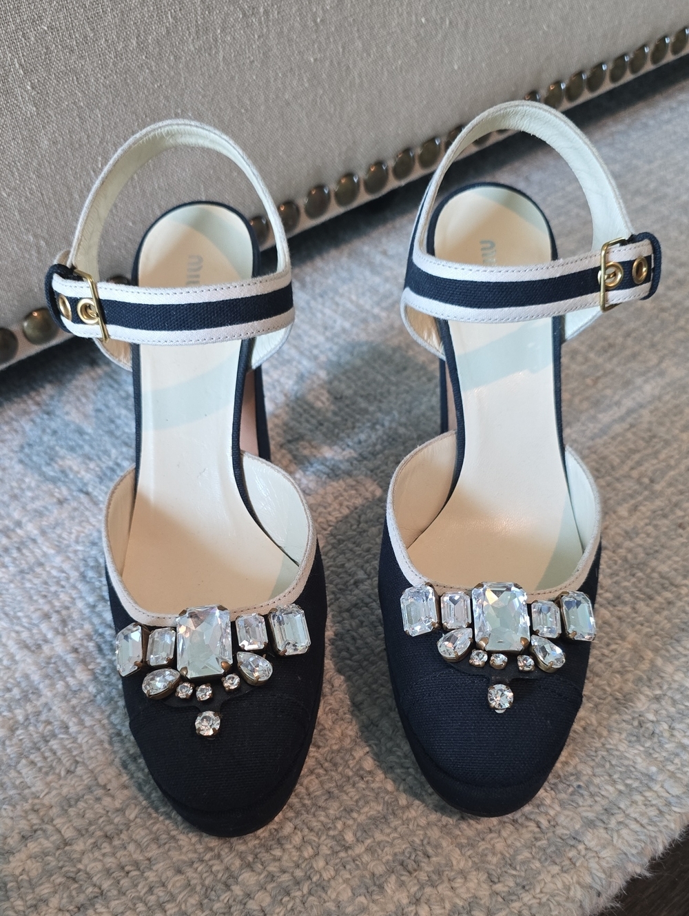 Miu Miu Black and White Crystal-Embellished Slingback Pumps